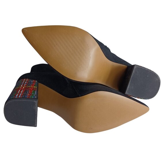 Black Suede Side Zip Pointed Toe Multi Color Rhinestone Block Heel Bootie SZ 7M - Picture 14 of 14